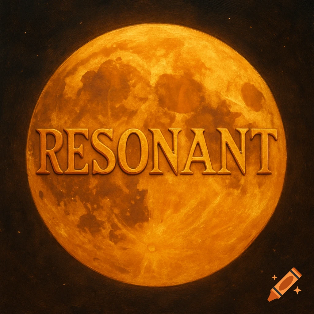 A full orange moon with the word RESONANT on it.