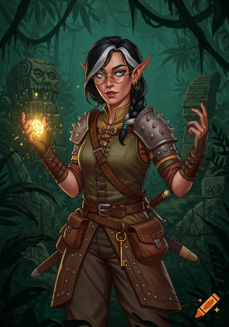 A female half-elf adventurer in jungle ruins, holding a glowing orb.