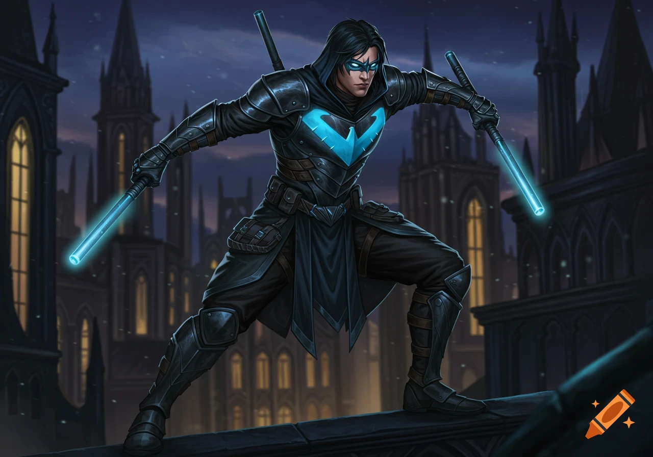 A fantasy character in black and blue armor with glowing accents stands on a gothic rooftop holding two glowing sticks.