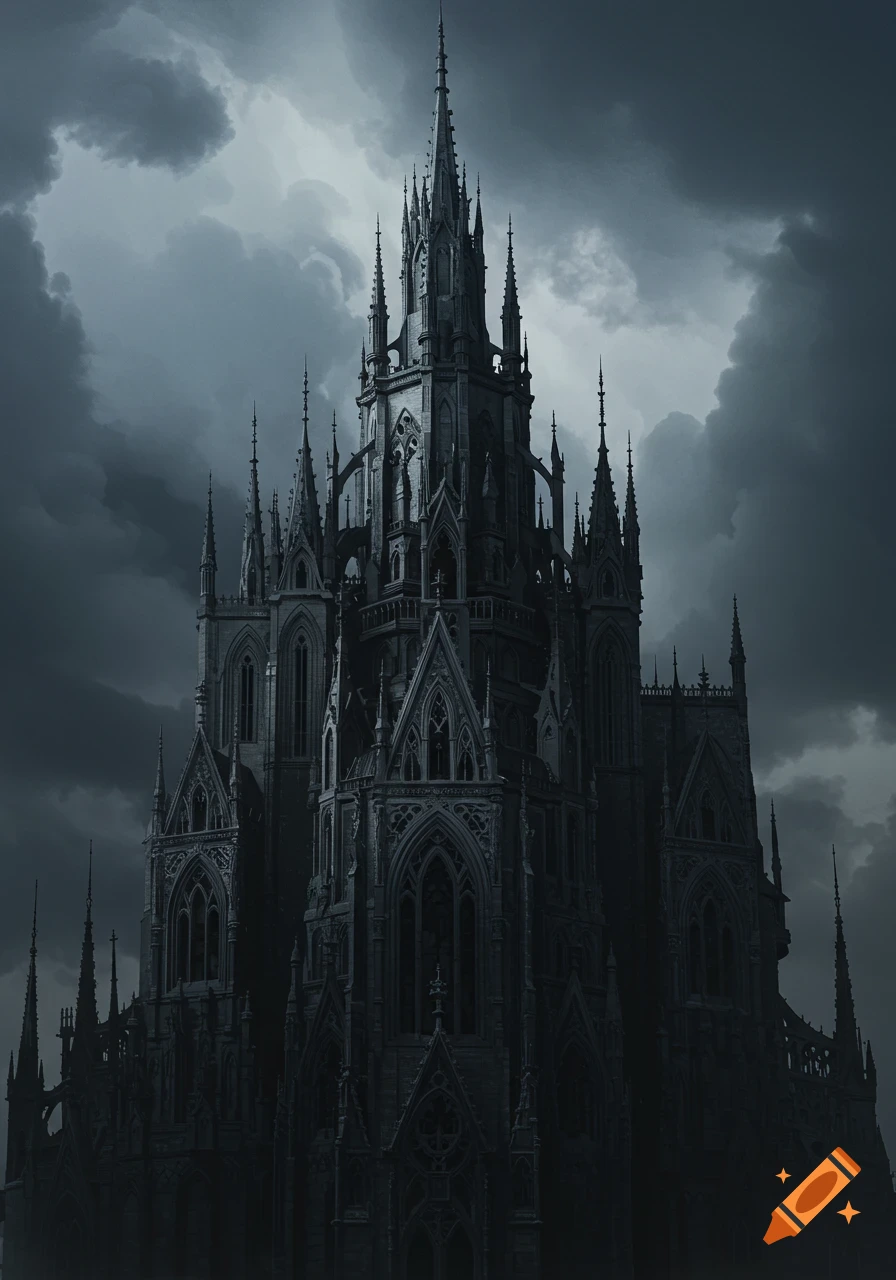 A dark, gothic castle with many spires stands silhouetted against a stormy sky.