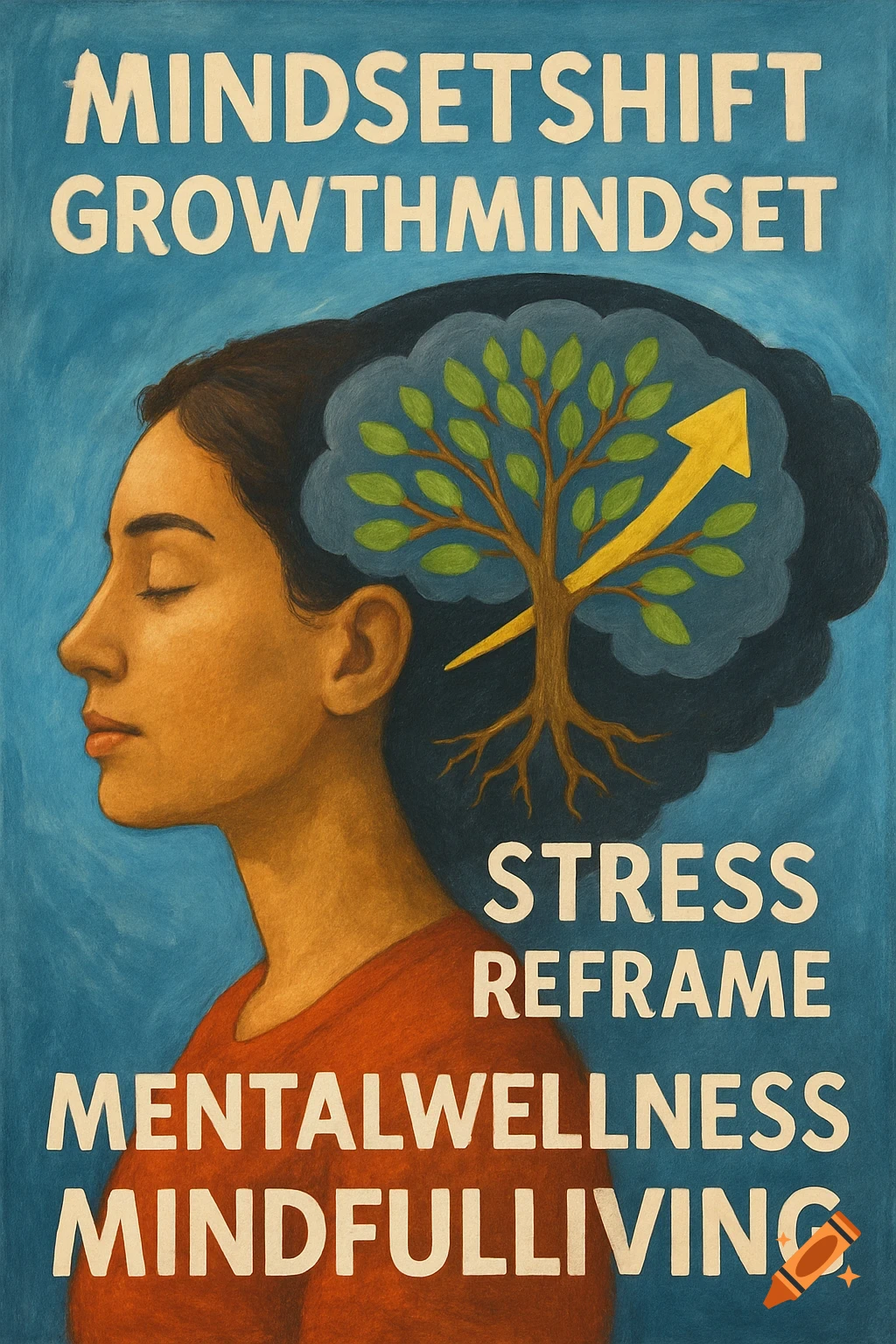 A woman's profile with a tree growing in her head, surrounded by text: MINDSETSHIFT GROWTHMINDSET, STRESS REFRAME, MENTALWELLNESS MINDFULLIVING.
