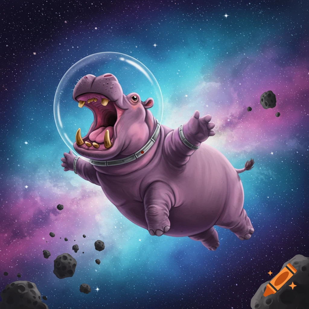 Cartoon hippo in space helmet floating in colorful galaxy with asteroids.