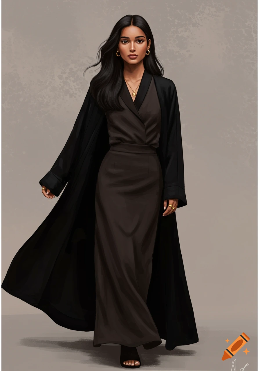A woman is in a black dress and flowing abaya.