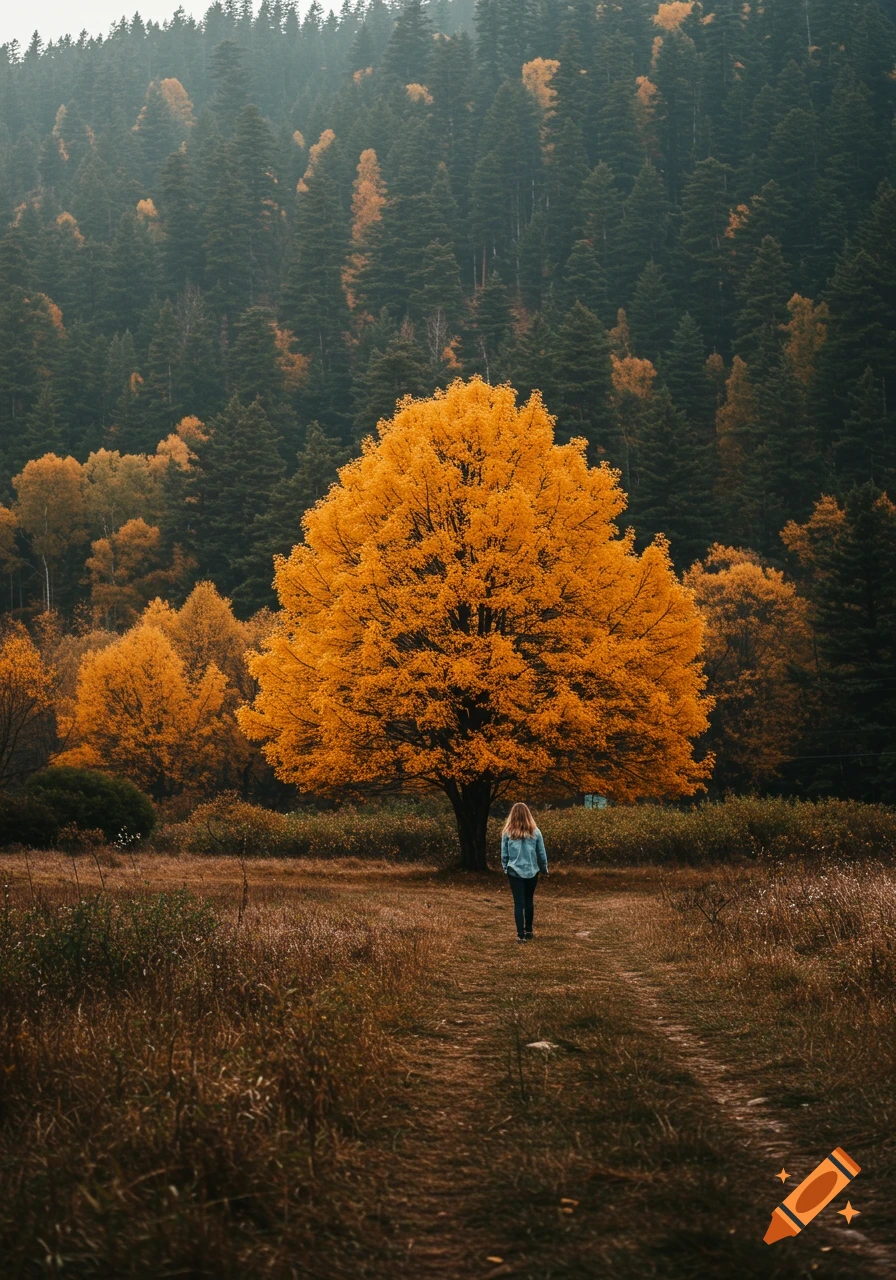 Person walks towards a large orange tree in an autumn forest.