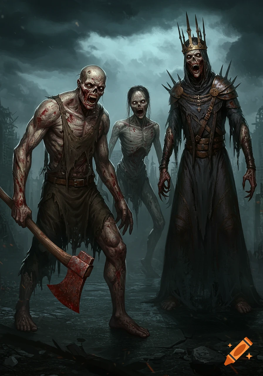 Three zombies, one holding an axe, standing in a ruined city.