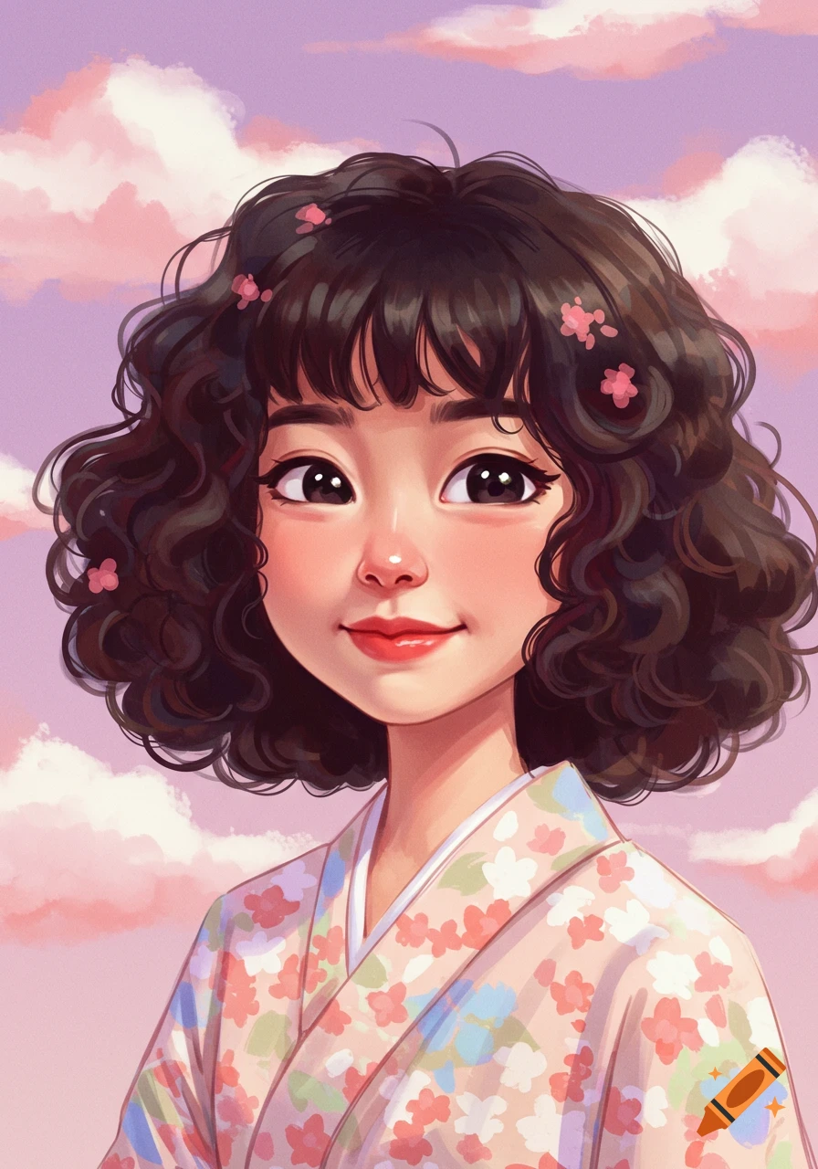 Stylized portrait of young Asian woman with curly hair in floral kimono against cloudy sky