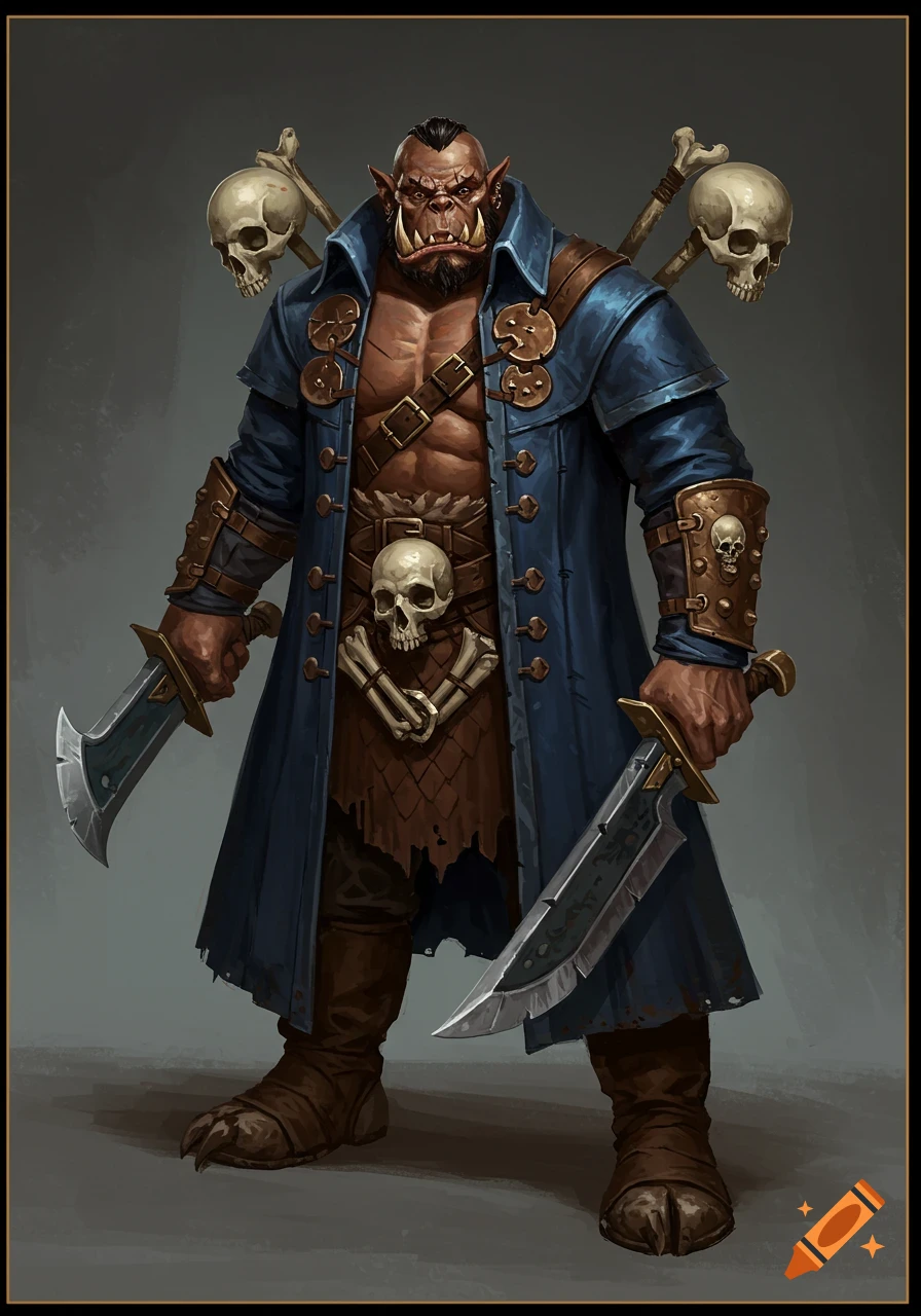 A muscular orc in a blue coat holding dual swords, adorned with skulls.