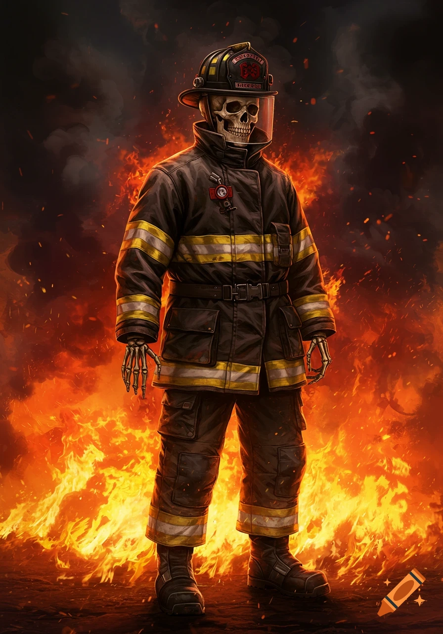 A skeleton firefighter stands in flames.