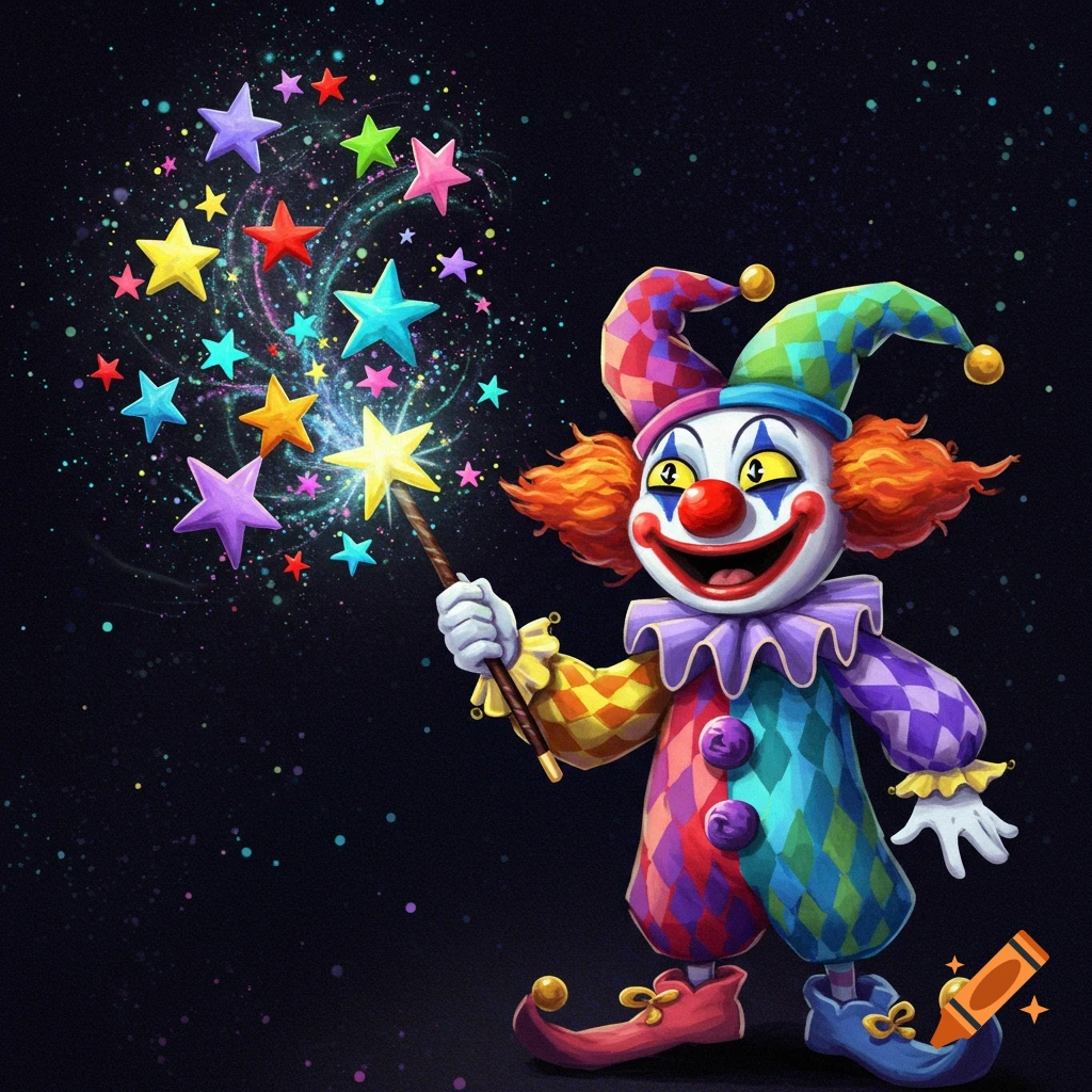 A colorful clown holds a magic wand shooting bright stars.