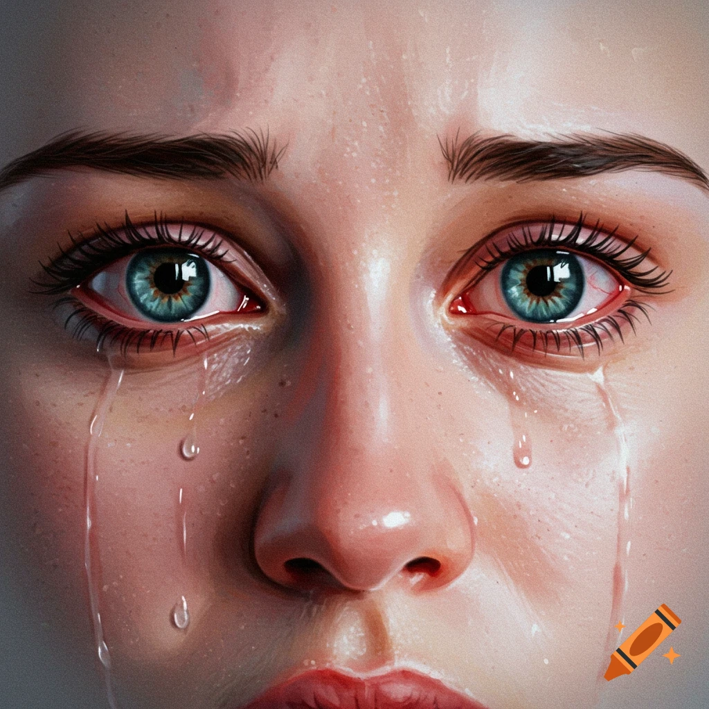 Close-up of red-rimmed eyes with tears streaming down cheeks.