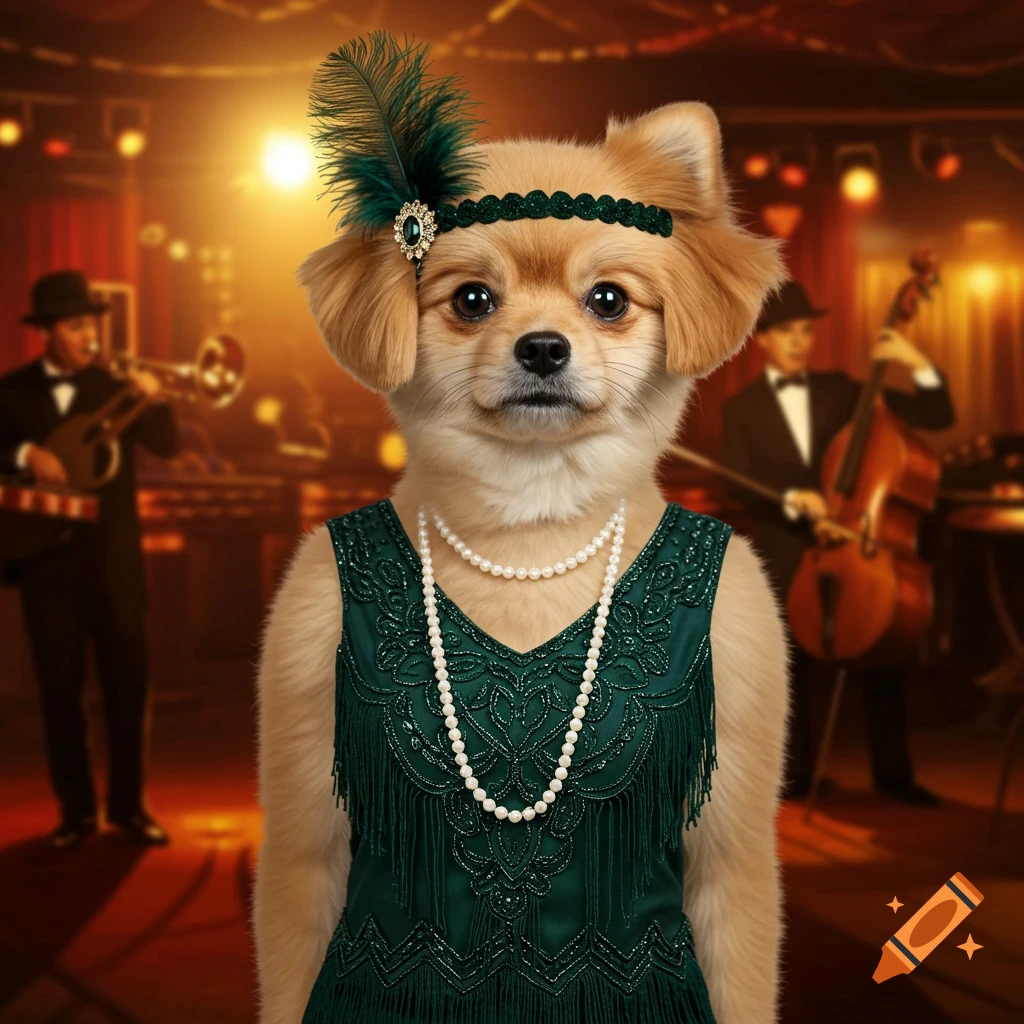 A cute dog dressed as a 1920s flapper with a feather headband and pearls in a jazz club setting.