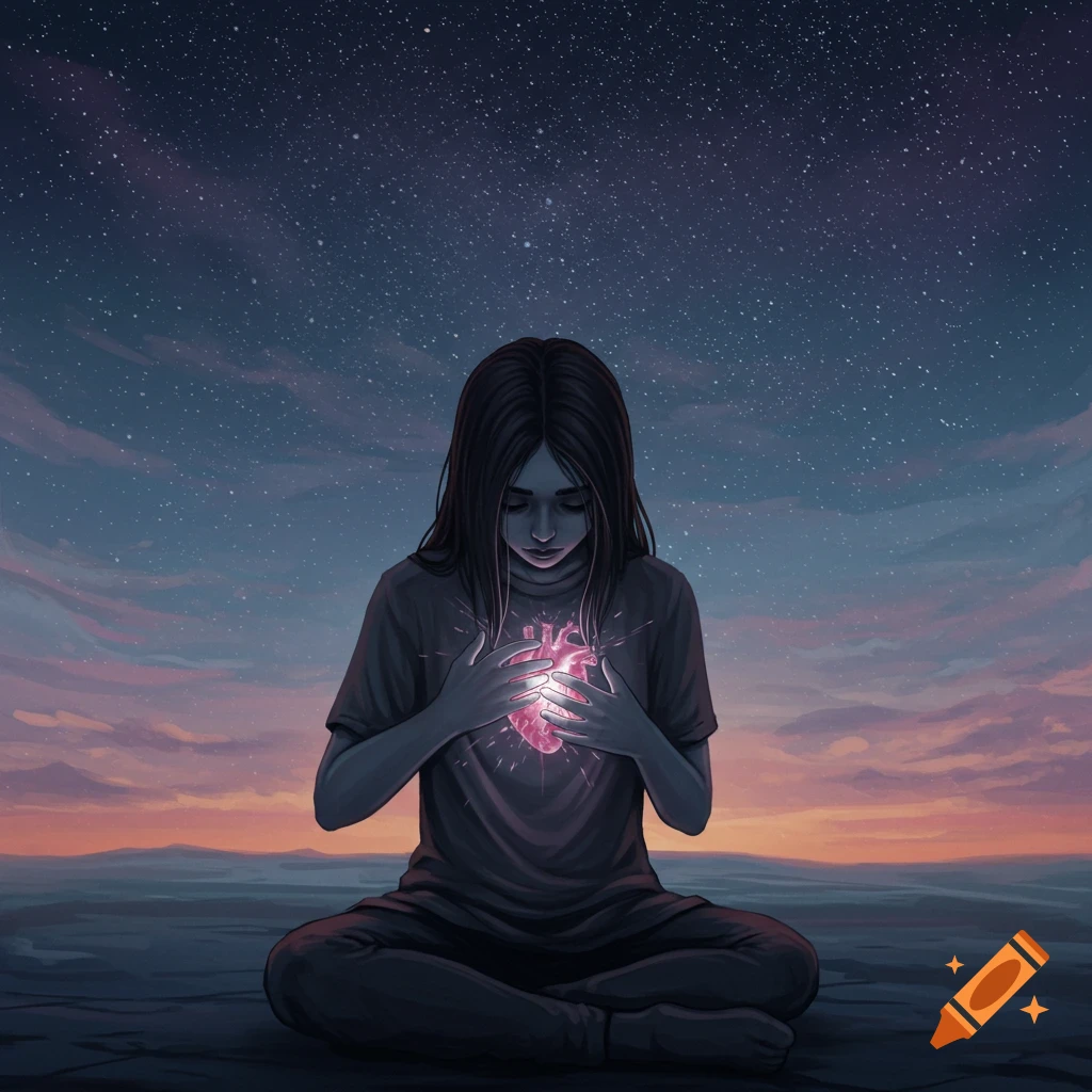 A person sits under a starry sky, holding a glowing heart.