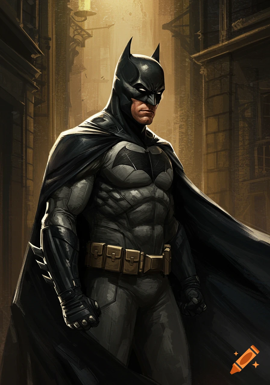 Batman stands in a dark alley.