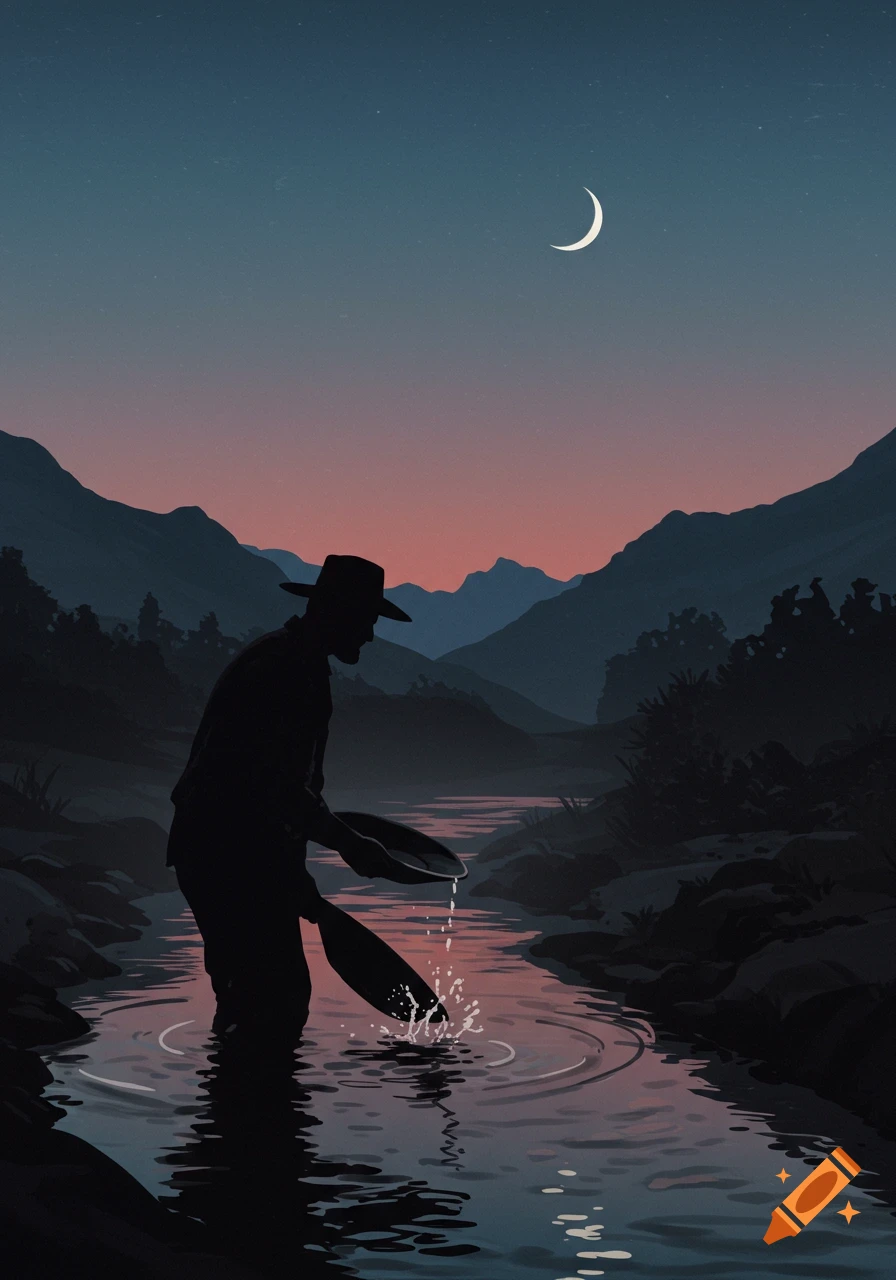 A silhouette of a miner panning in a creek at dusk with a crescent moon.