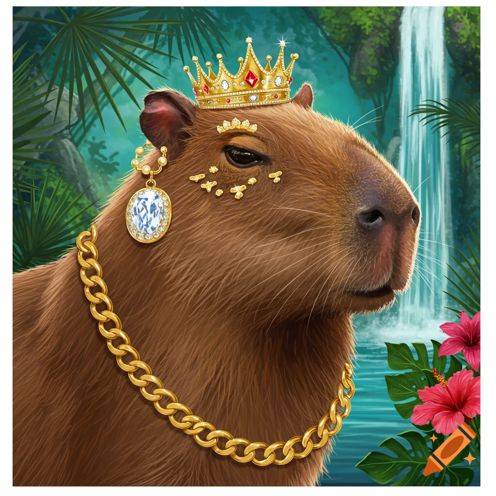 A capybara wearing a golden crown, earring, and chain in a jungle with a waterfall.