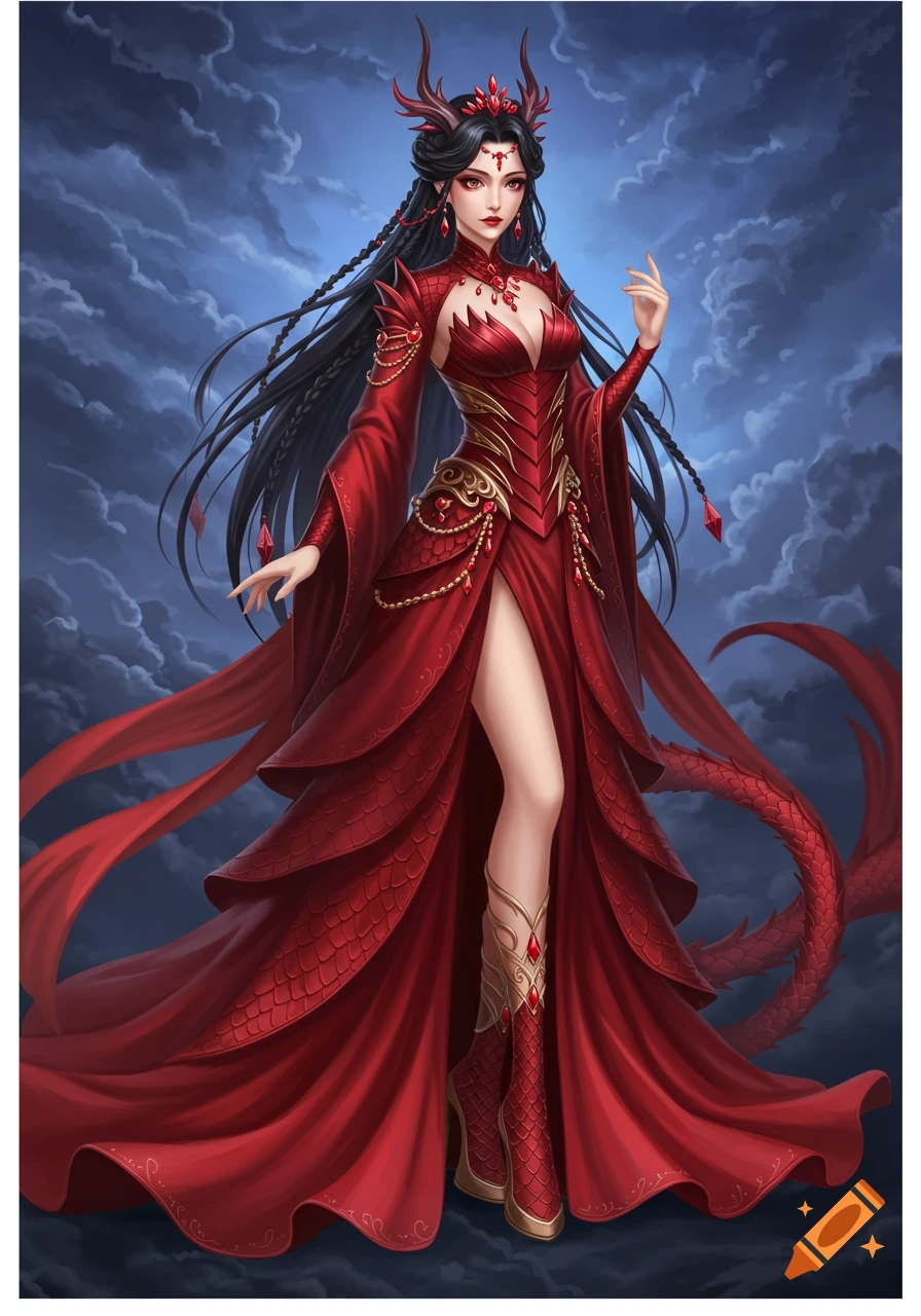 A fantasy princess in a red dragon-inspired dress.