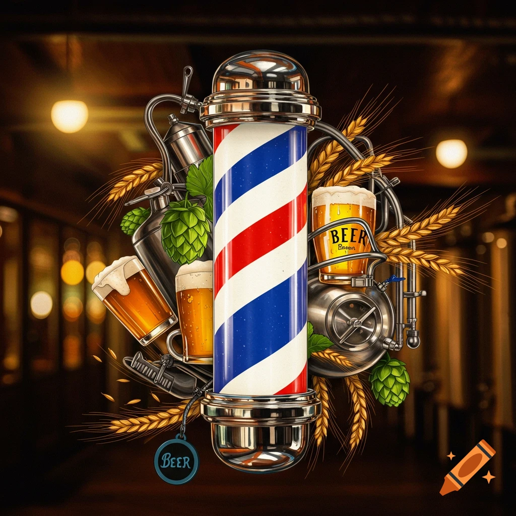 A barber pole integrated with beer, hops, and wheat.