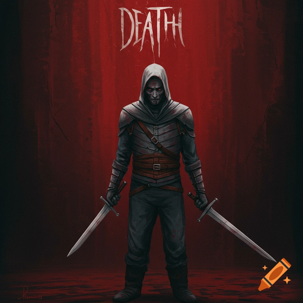 A hooded character, representing Death, holds two swords against a red background.