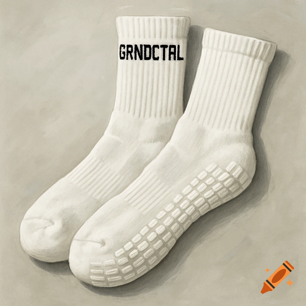 A pair of white grip socks with text on the cuff.