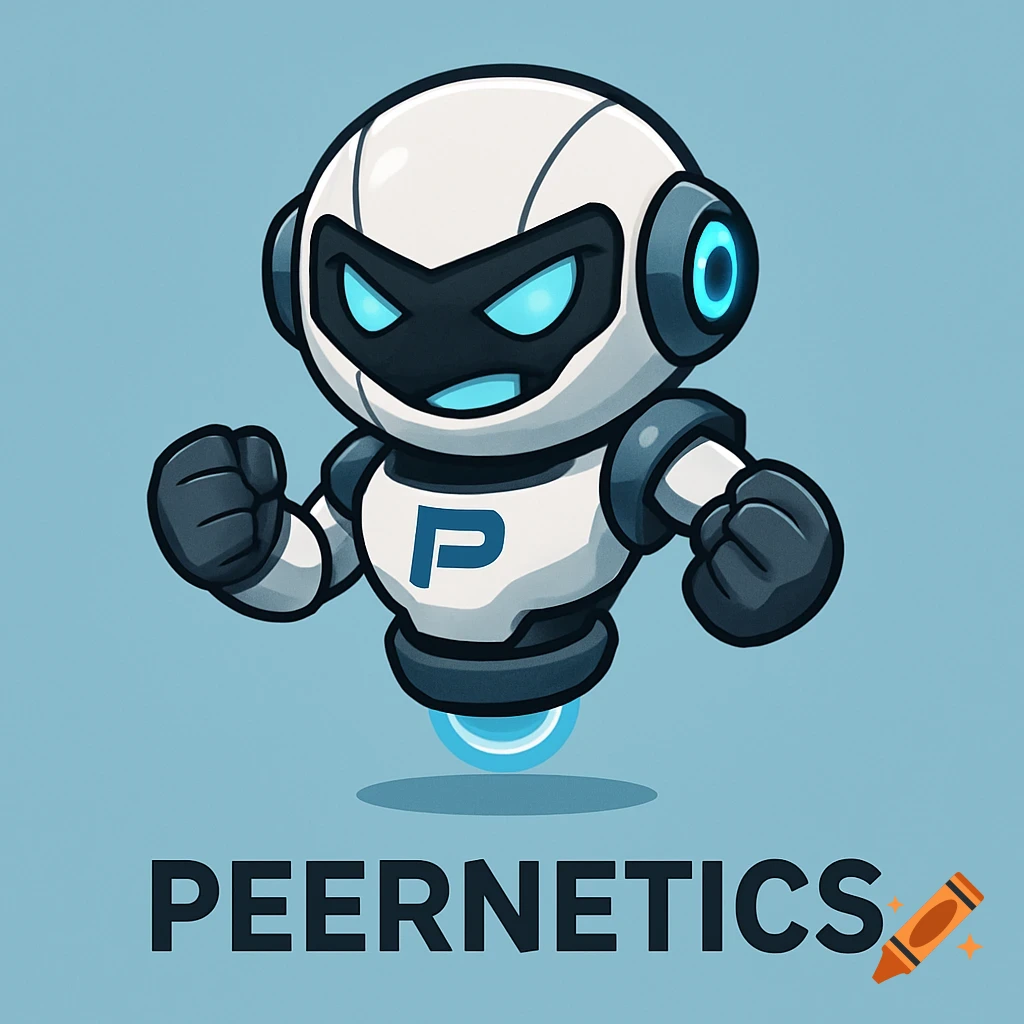Cartoon robot mascot with P logo floats above 'PEERNETICS' text