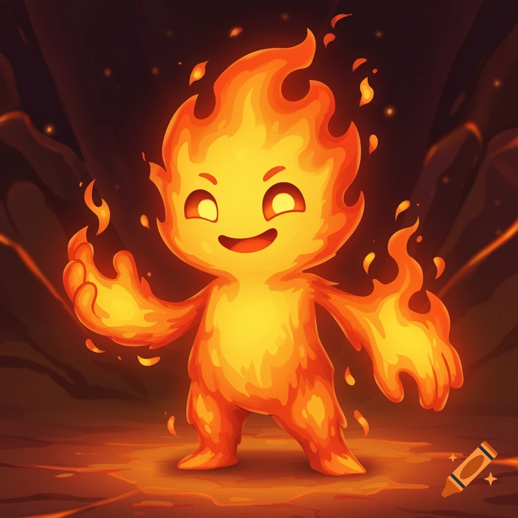 Cartoon fire elemental with a mischievous grin in a fiery landscape.
