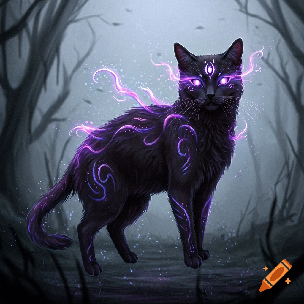 A black cat with glowing purple markings and eyes stands in a dark forest.