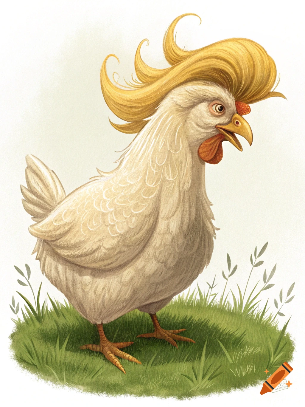 Stylized illustration of a white chicken with tall yellow hair standing in grass.