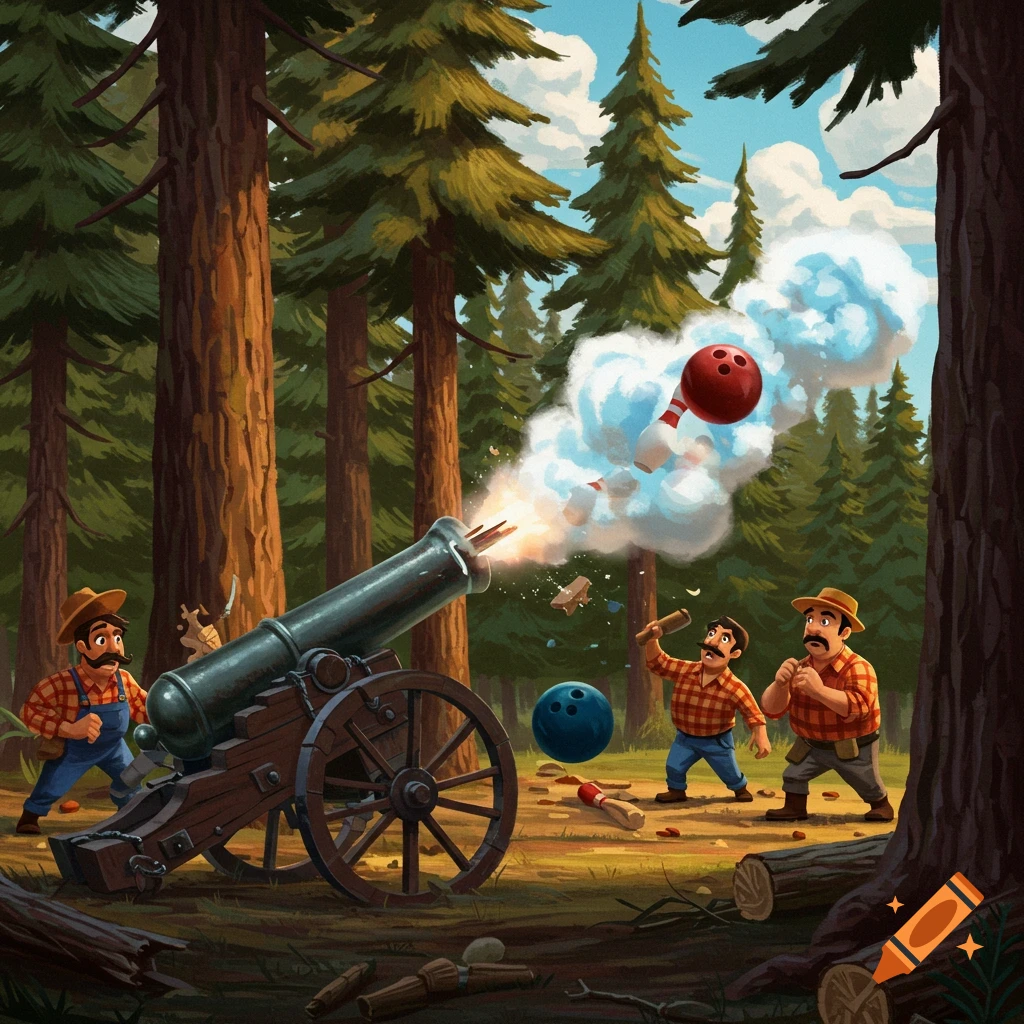 Cartoon lumberjacks fire a cannon launching bowling balls and pins in a forest.