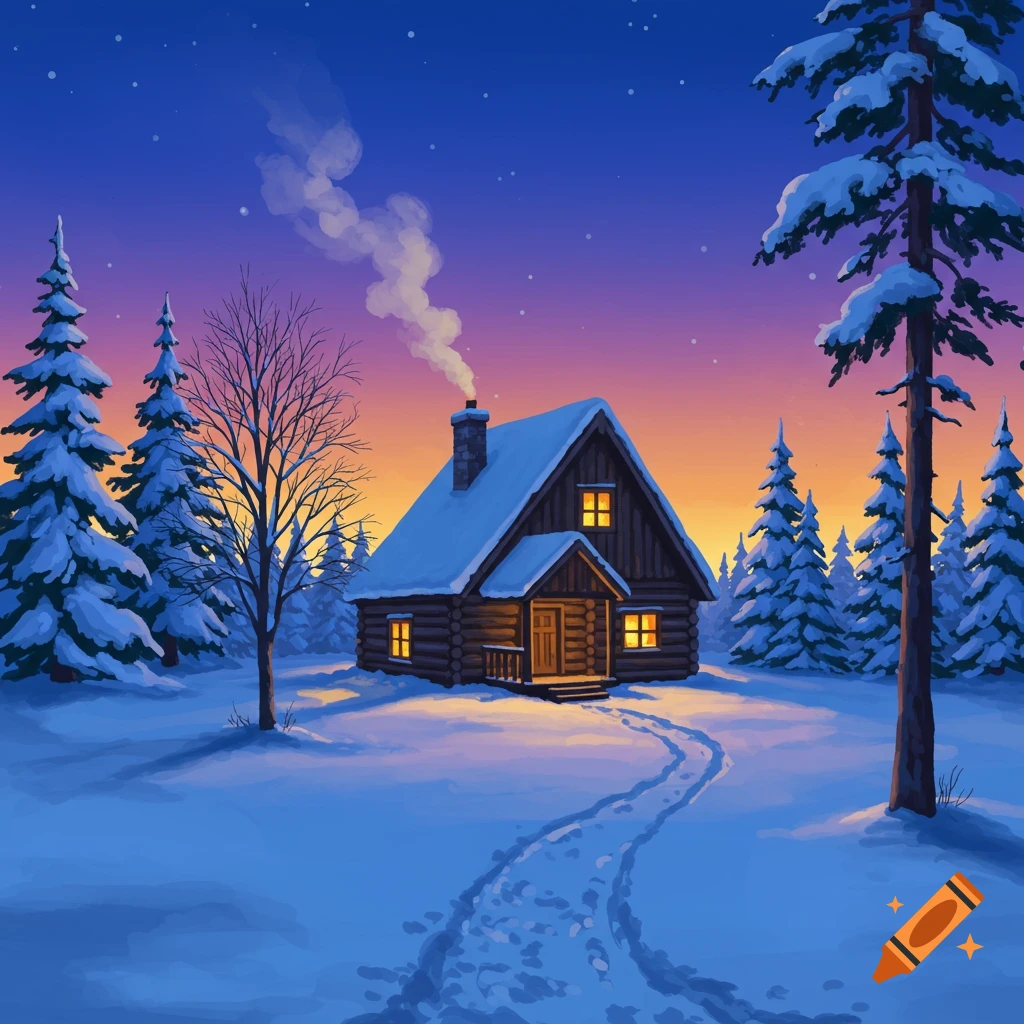 A cabin in a snowy forest at twilight with smoke coming from the chimney.