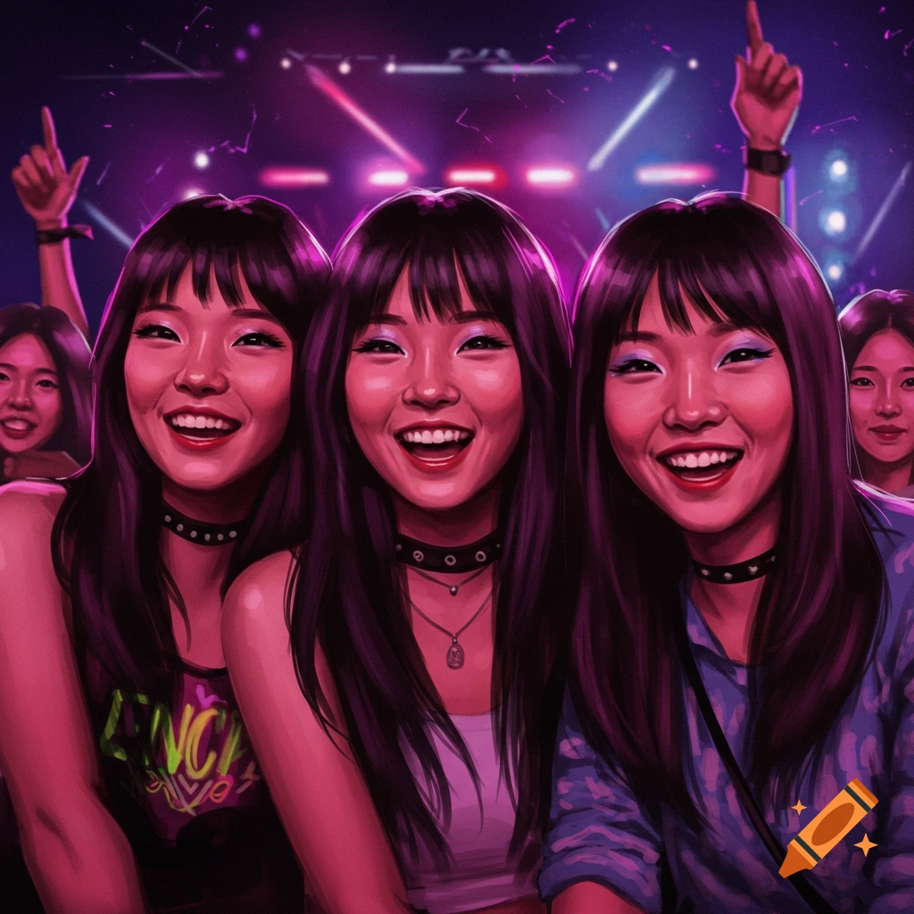 Three Asian women smiling and cheering at a concert.