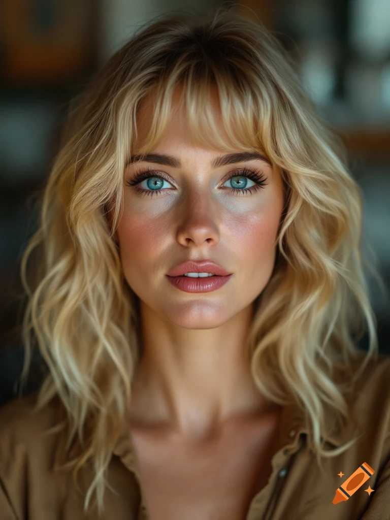 Photorealistic portrait of a blonde woman with blue eyes looking forward