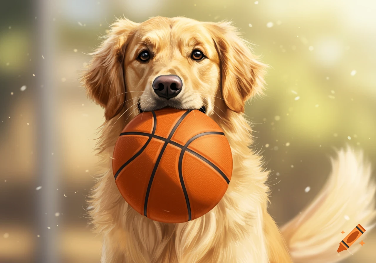 A golden retriever holding a basketball