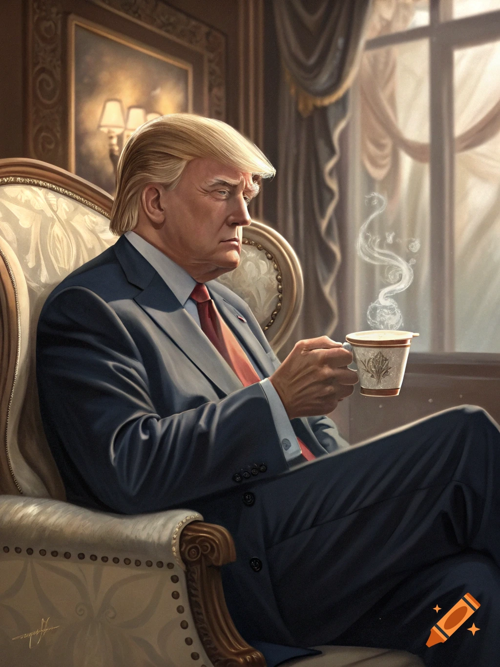 Painting of Donald Trump sitting in an ornate chair, holding a steaming cup of tea in a sunlit room.