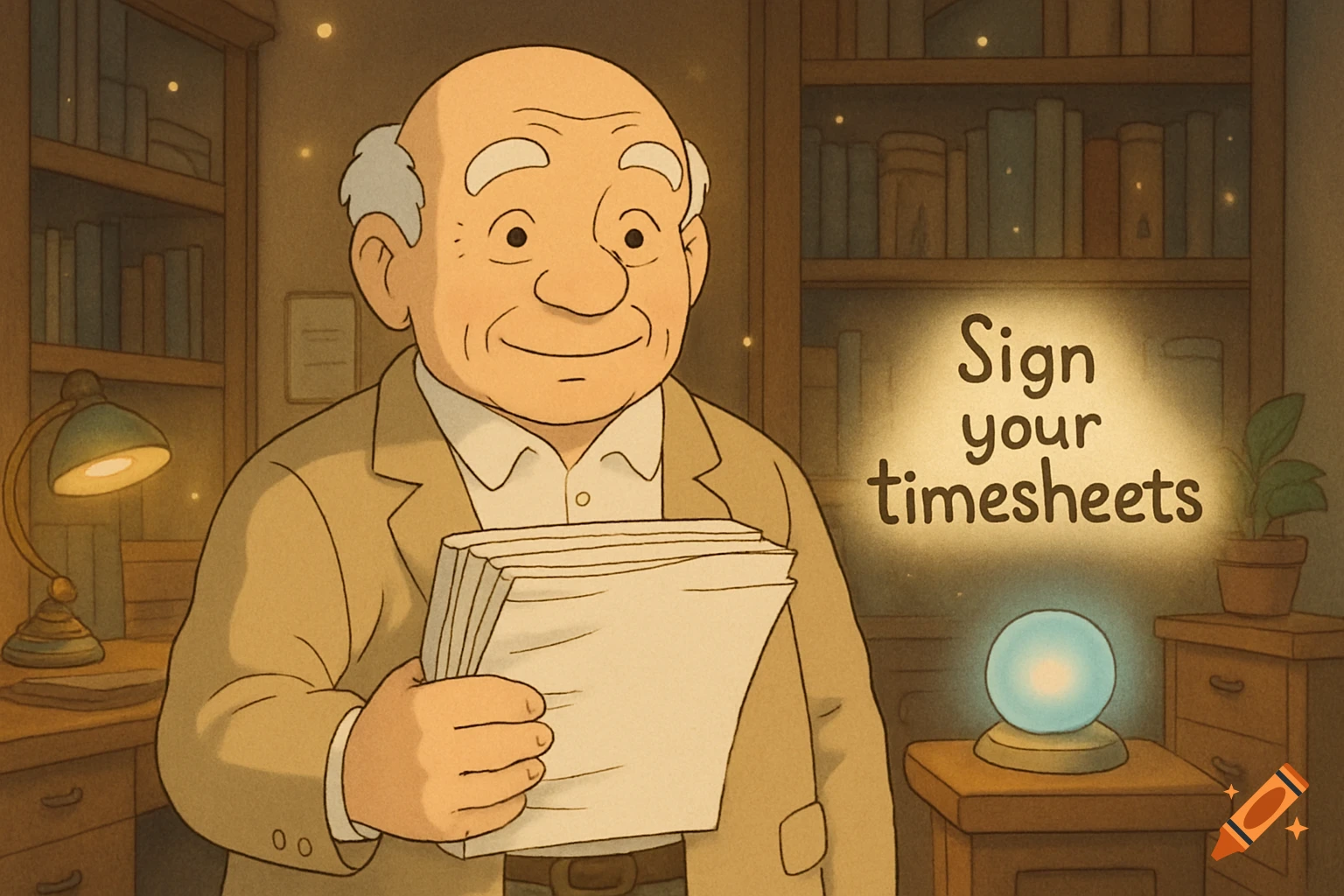 Whimsical illustration of a man in an office holding papers, next to a glowing orb with text 'Sign your timesheets'.