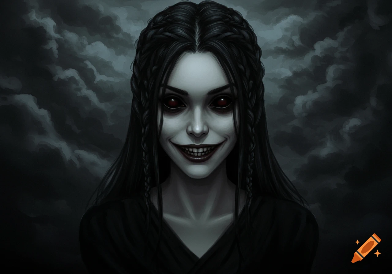 A creepy woman with black eyes and a wide smile against a dark sky.