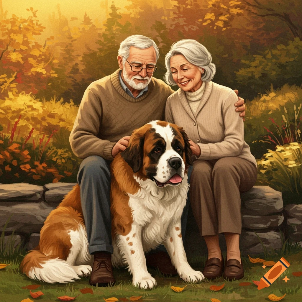 An old couple sitting with a St. Bernard dog in autumn.