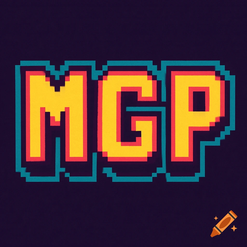 Letters MGP in yellow, pink, and teal pixel art style on a dark background.