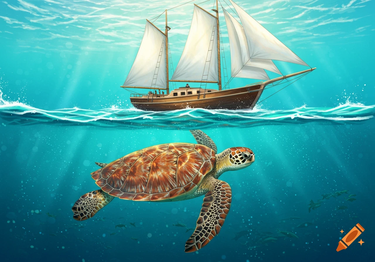 A sea turtle swims under a boat in a sunlit ocean.