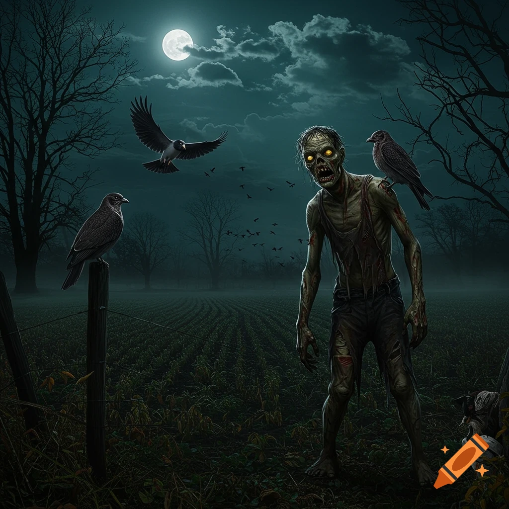 A zombie stands in a field at night under a full moon, with birds and bare trees.