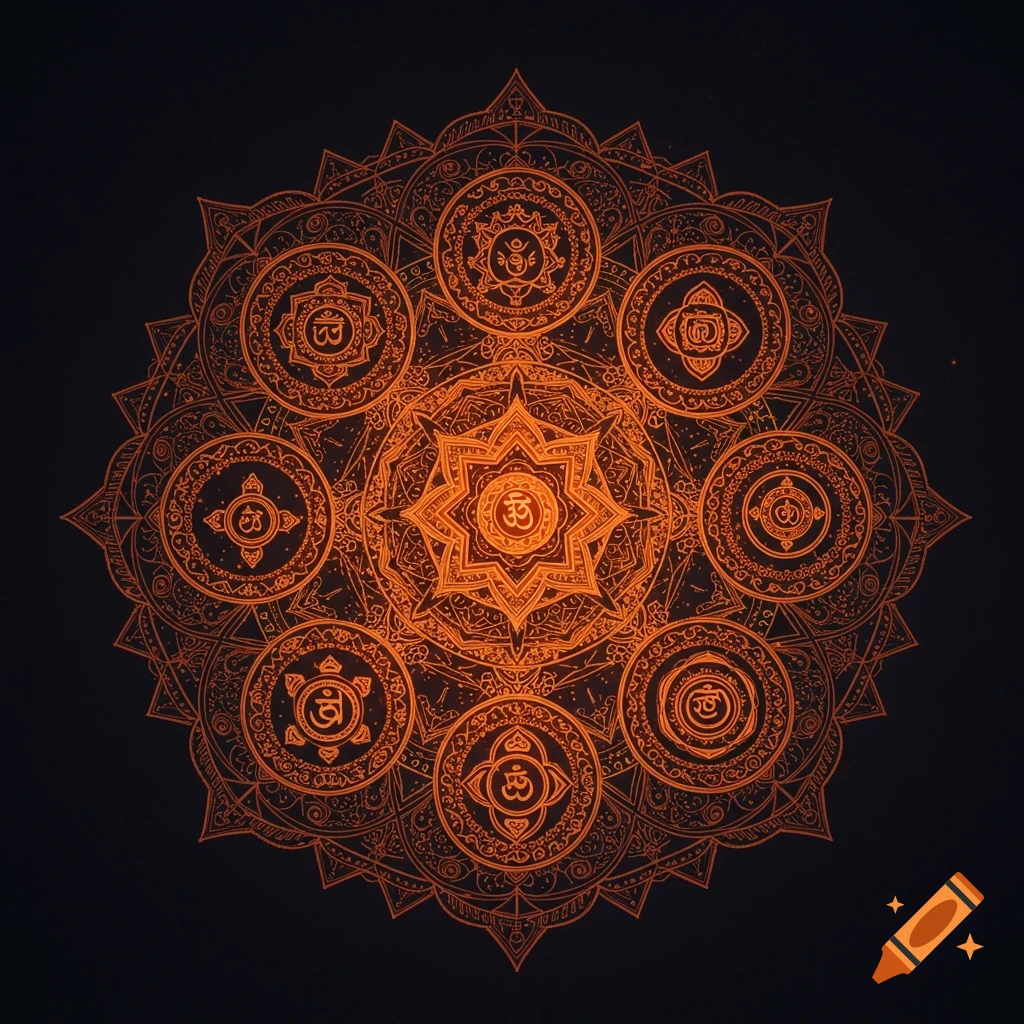 A symmetrical dark orange mandala on a black background, featuring intricate patterns and circular symbols within the design.