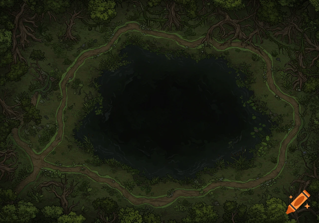 Overhead swamp RPG map with dark pool and paths.