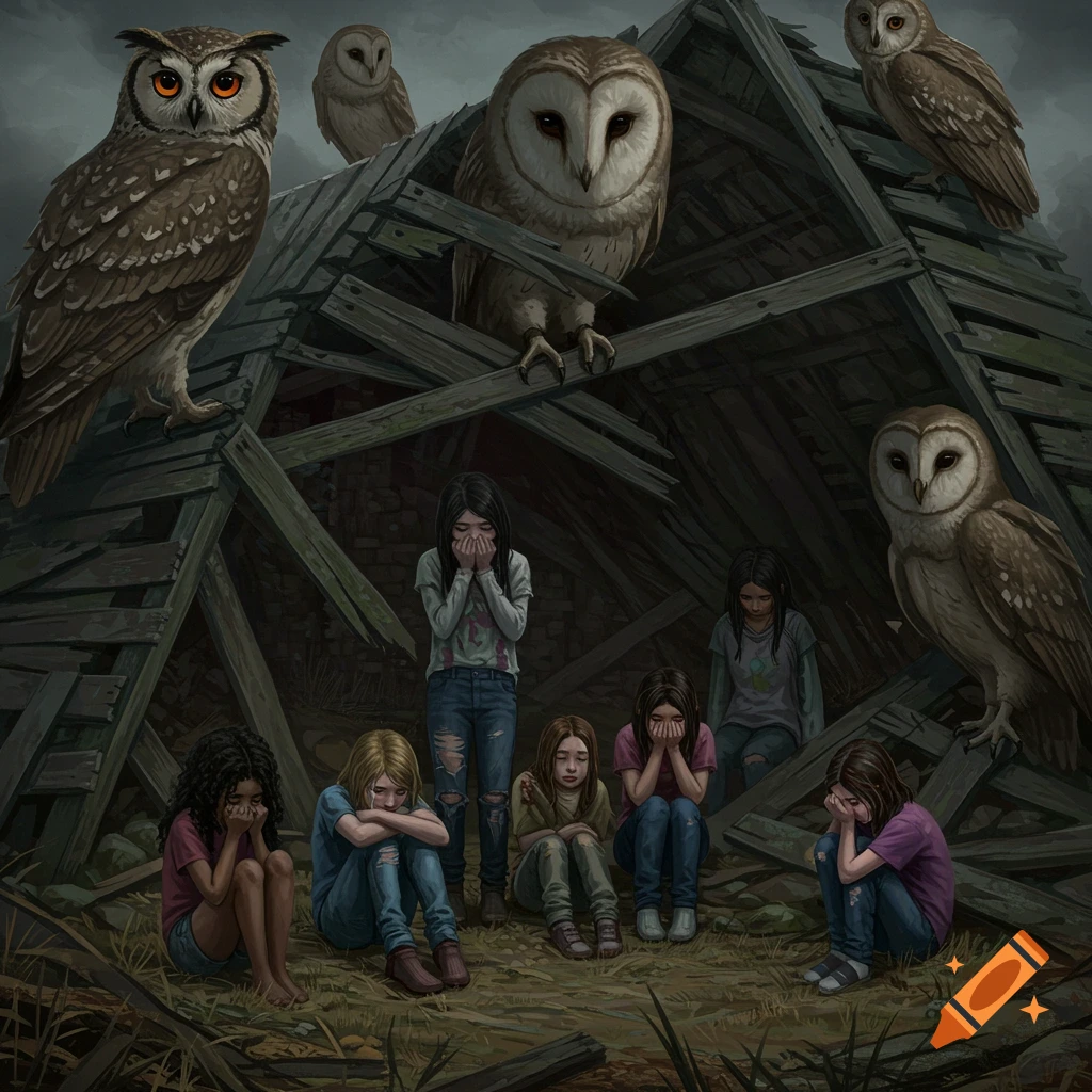 Girls crying among large owls in a ruined barn. Dark fantasy art.