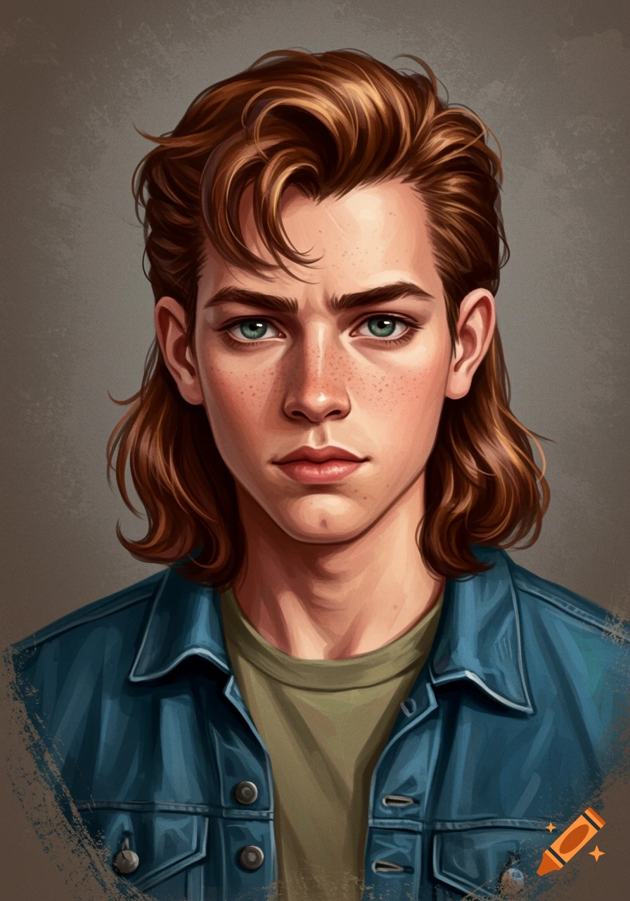 A young person with a mullet, green eyes, and freckles, wearing a denim jacket.