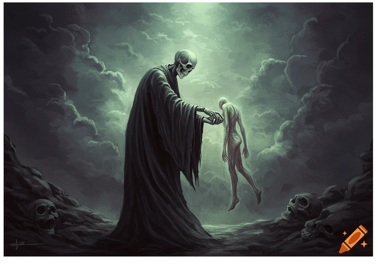 A skeletal figure in a dark robe lifts a floating naked soul in a cloudy landscape with skulls on the ground.