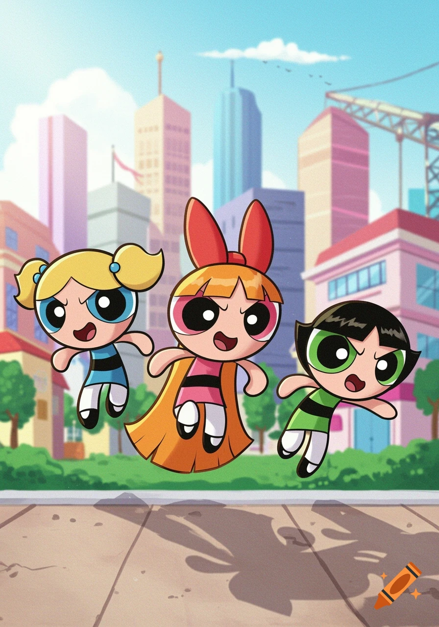 Cartoon illustration of the Powerpuff Girls jumping in front of a city skyline.