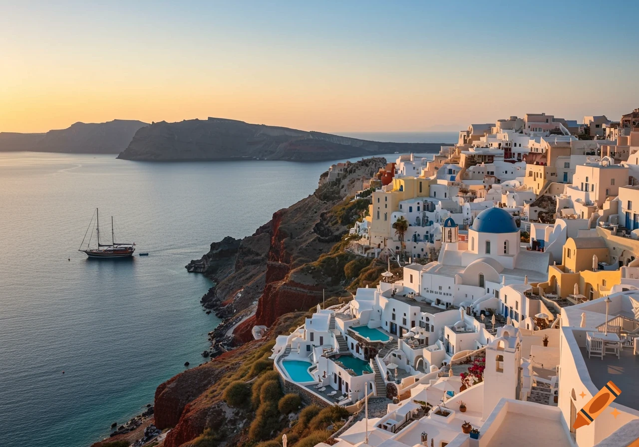 White buildings cling to a cliff overlooking the sea with a sailboat at sunset.