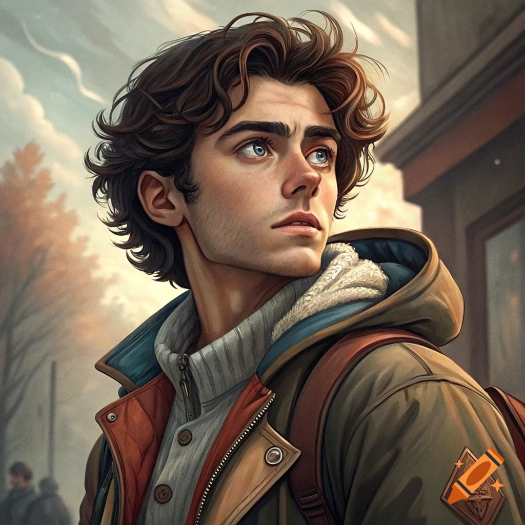 Detailed portrait of a young man with curly brown hair and blue eyes wearing a jacket and backpack, looking up.