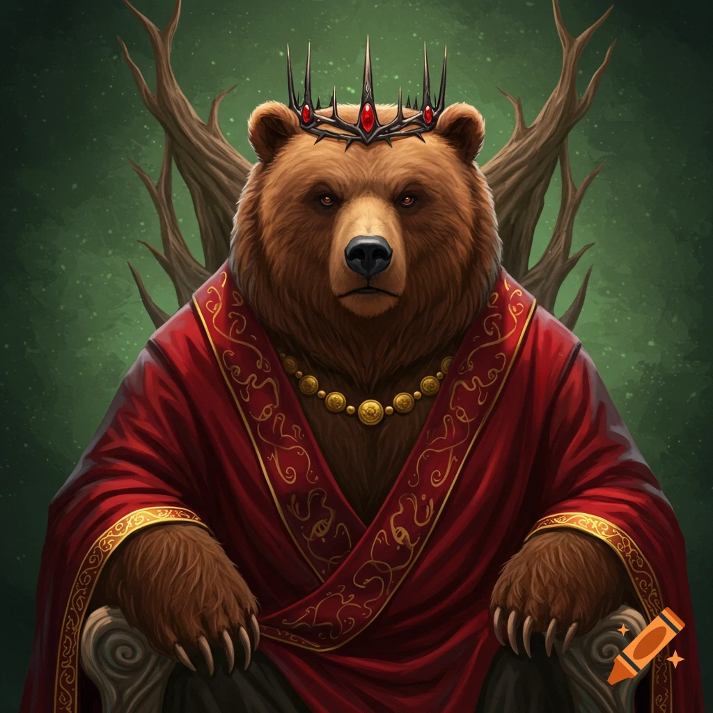 A regal bear wearing a crown and a red and gold robe sits on a throne.