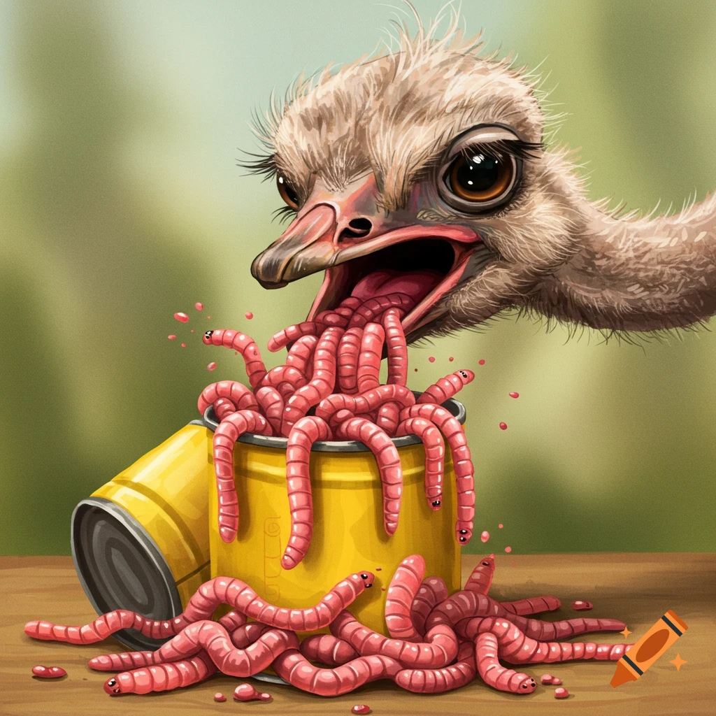 An ostrich eating worms from a can