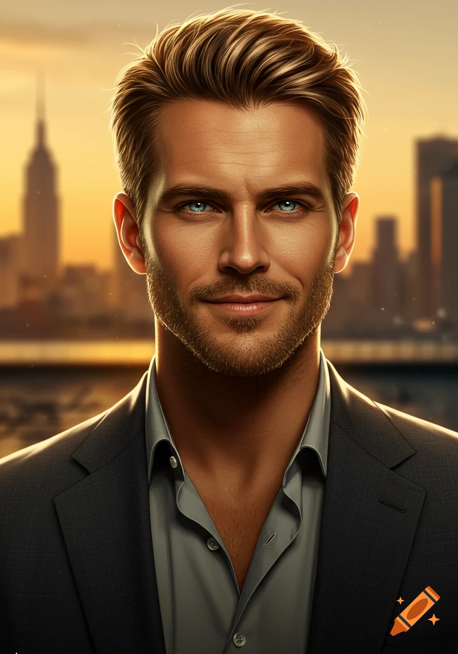 A man in a suit stands against a city skyline.